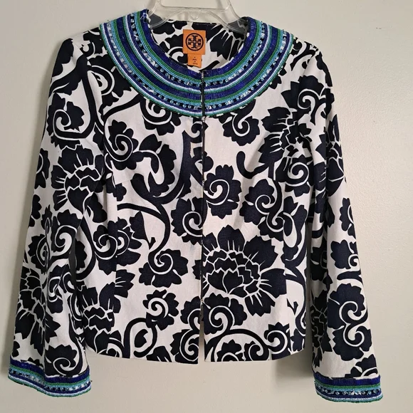 Tory Burch Beaded Collar‎ Floral Print Jacket Navy White Blue Green Women Size 6 - Picture 3 of 12